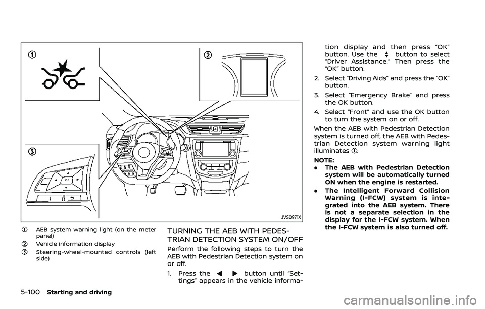 NISSAN QASHQAI 2023  Owners Manual 5-100Starting and driving
JVS0971X
AEB system warning light (on the meter
panel)
Vehicle information displaySteering-wheel-mounted controls (left
side)
TURNING THE AEB WITH PEDES-
TRIAN DETECTION SYST
