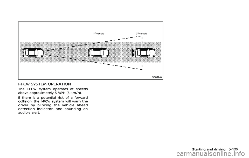 NISSAN QASHQAI 2023  Owners Manual JVS0294X
I-FCW SYSTEM OPERATION
The I-FCW system operates at speeds
above approximately 3 MPH (5 km/h).
If there is a potential risk of a forward
collision, the I-FCW system will warn the
driver by bl