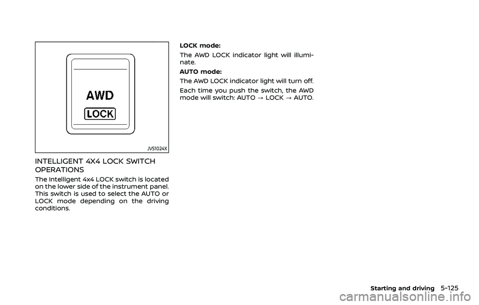NISSAN QASHQAI 2023  Owners Manual JVS1024X
INTELLIGENT 4X4 LOCK SWITCH
OPERATIONS
The Intelligent 4x4 LOCK switch is located
on the lower side of the instrument panel.
This switch is used to select the AUTO or
LOCK mode depending on t