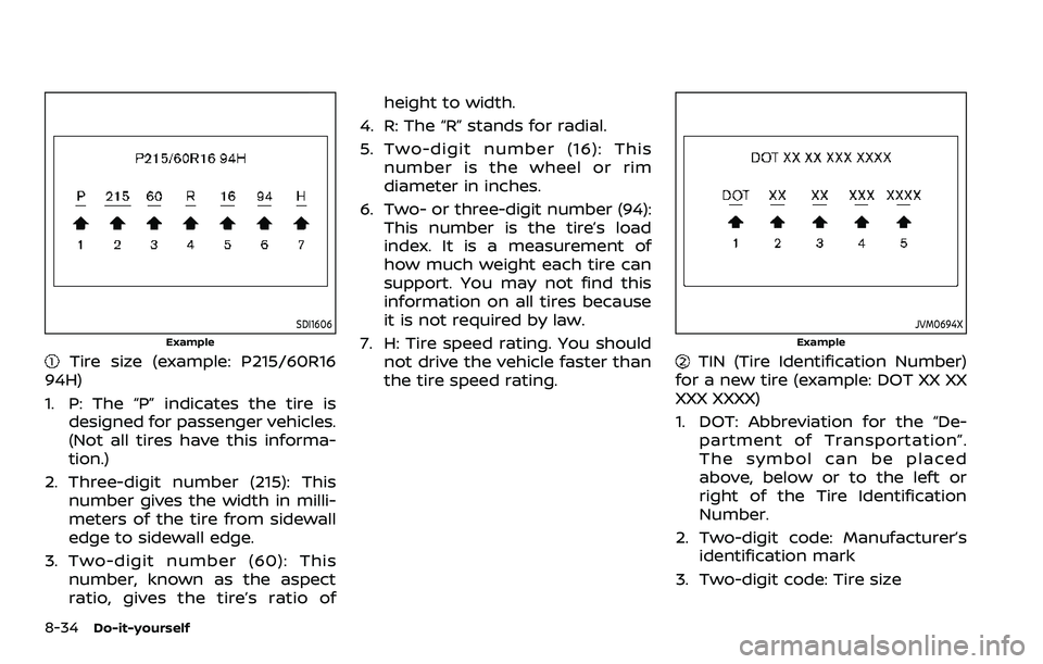 NISSAN QASHQAI 2023  Owners Manual 8-34Do-it-yourself
SDI1606
Example
Tire size (example: P215/60R16
94H)
1. P: The “P” indicates the tire is designed for passenger vehicles.
(Not all tires have this informa-
tion.)
2. Three-digit 