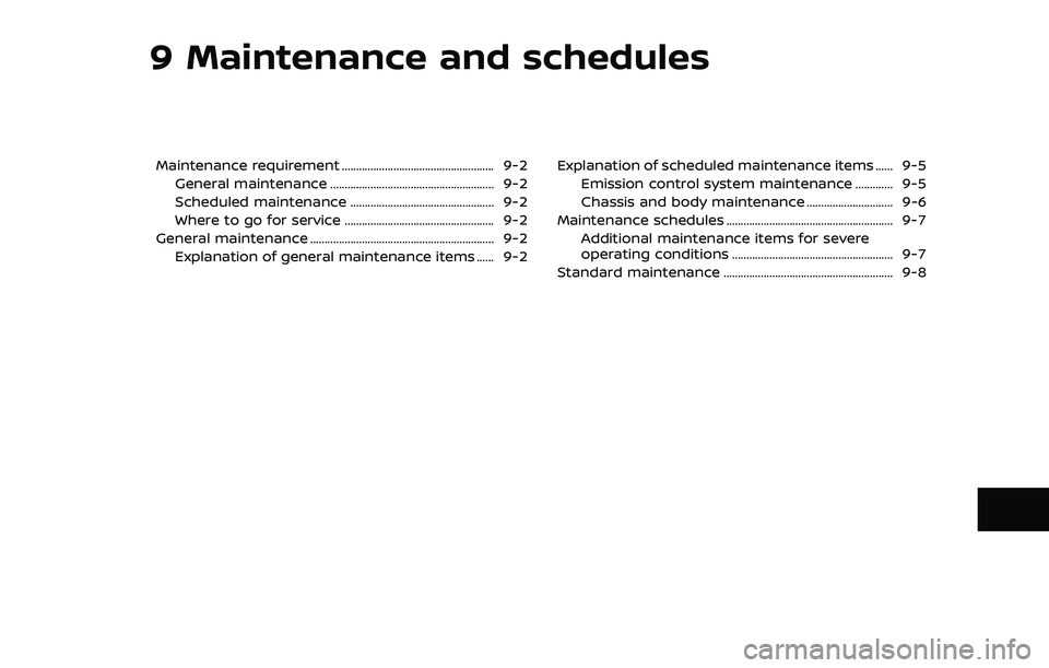 NISSAN QASHQAI 2023 Owners Manual 9 Maintenance and schedules
Maintenance requirement ..................................................... 9-2General maintenance ......................................................... 9-2
Scheduled NISSAN QASHQAI 2023 Owners Manual 9 Maintenance and schedules
Maintenance requirement ..................................................... 9-2General maintenance ......................................................... 9-2
Scheduled