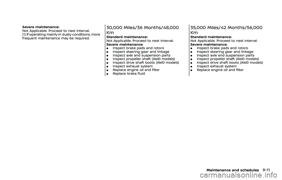 NISSAN QASHQAI 2023  Owners Manual Severe maintenance:
Not Applicable. Proceed to next interval.
(1) If operating mainly in dusty conditions, more
frequent maintenance may be required.30,000 Miles/36 Months/48,000
Km
Standard maintenan