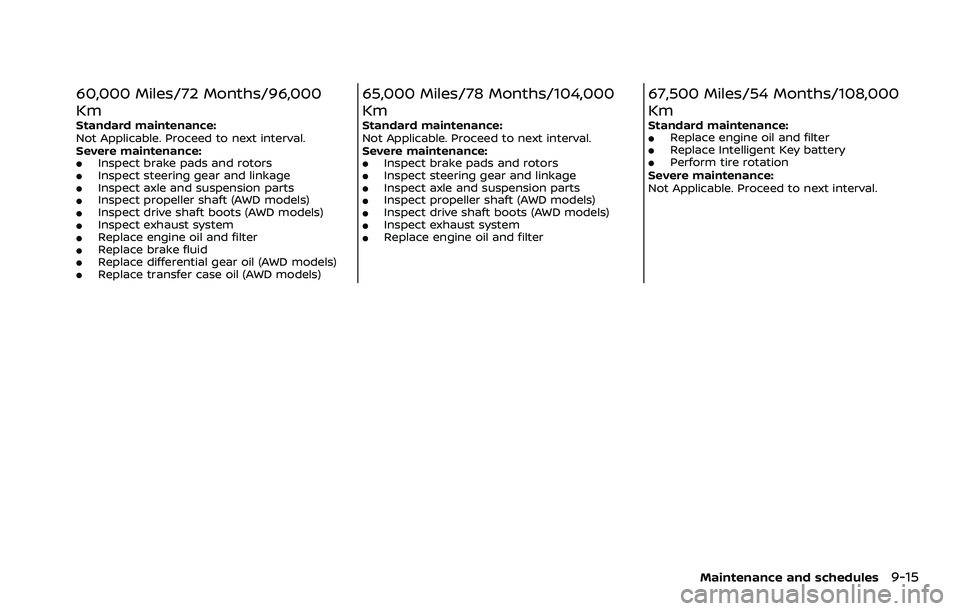 NISSAN QASHQAI 2023  Owners Manual 60,000 Miles/72 Months/96,000
Km
Standard maintenance:
Not Applicable. Proceed to next interval.
Severe maintenance:
.Inspect brake pads and rotors.Inspect steering gear and linkage.Inspect axle and s