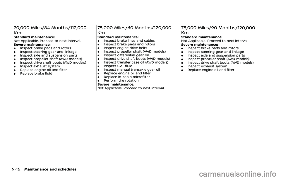 NISSAN QASHQAI 2023  Owners Manual 9-16Maintenance and schedules
70,000 Miles/84 Months/112,000
Km
Standard maintenance:
Not Applicable. Proceed to next interval.
Severe maintenance:
.Inspect brake pads and rotors.Inspect steering gear