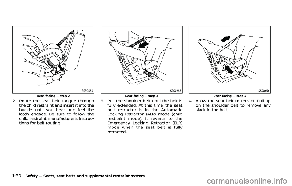 NISSAN QASHQAI 2023 Service Manual 1-30Safety — Seats, seat belts and supplemental restraint system
SSS0654
Rear-facing — step 2
2. Route the seat belt tongue throughthe child restraint and insert it into the
buckle until you hear 