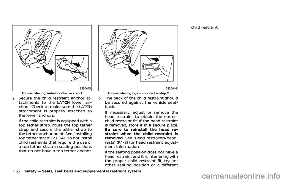 NISSAN QASHQAI 2023 Service Manual 1-32Safety — Seats, seat belts and supplemental restraint system
SSS0645
Forward-facing web-mounted — step 2
2. Secure the child restraint anchor at-tachments to the LATCH lower an-
chors. Check t