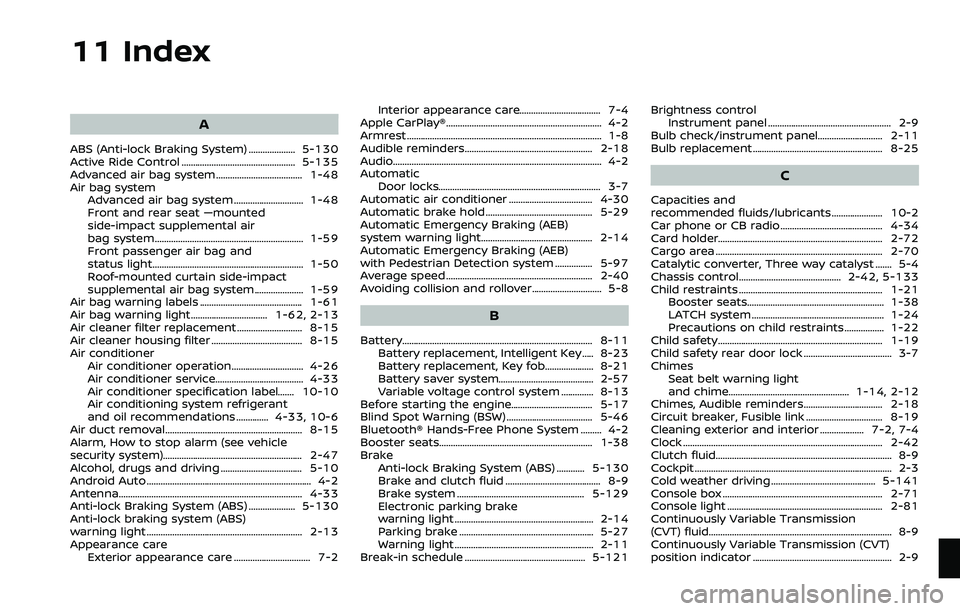 NISSAN QASHQAI 2023 Owners Manual 11 Index
A
ABS (Anti-lock Braking System) .................... 5-130
Active Ride Control ................................................. 5-135
Advanced air bag system ............................... NISSAN QASHQAI 2023 Owners Manual 11 Index
A
ABS (Anti-lock Braking System) .................... 5-130
Active Ride Control ................................................. 5-135
Advanced air bag system ...............................