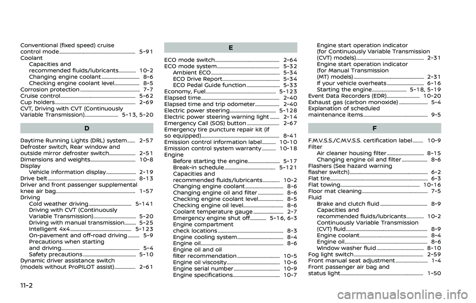 NISSAN QASHQAI 2023 Owners Manual 11-2
Conventional (fixed speed) cruise
control mode .................................................................. 5-91
CoolantCapacities and
recommended fluids/lubricants............... 10-2
Chan NISSAN QASHQAI 2023 Owners Manual 11-2
Conventional (fixed speed) cruise
control mode .................................................................. 5-91
CoolantCapacities and
recommended fluids/lubricants............... 10-2
Chan