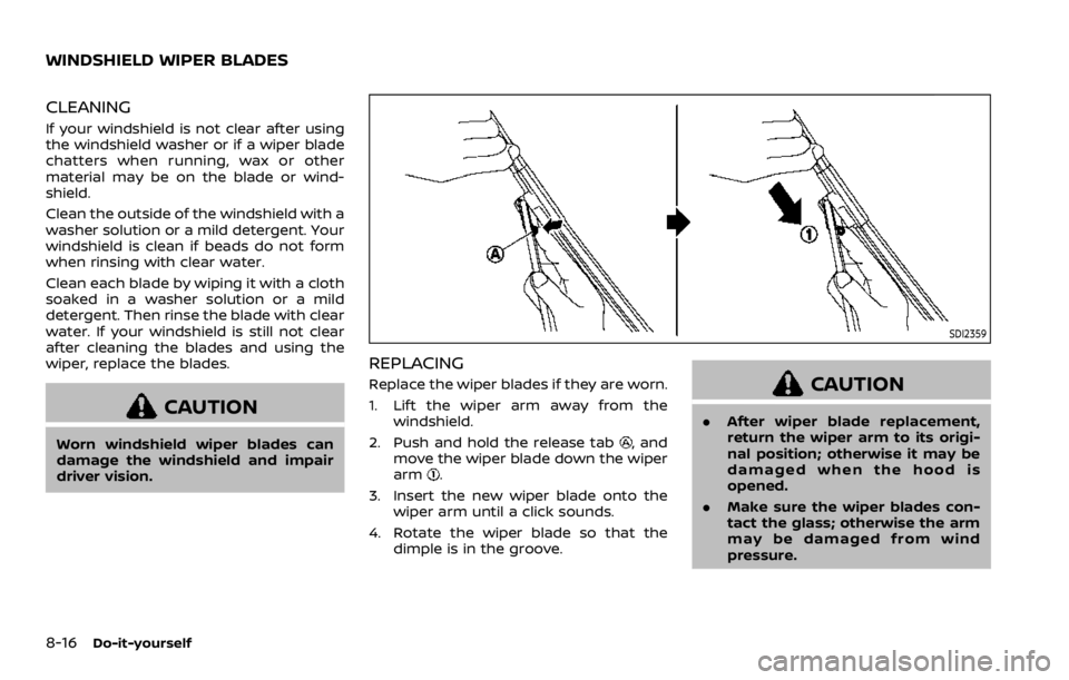 NISSAN QASHQAI 2022  Owners Manual viewed. The four corners of the
vehicle in particular, are areas
where objects do not always ap-
pear in the bird’s-eye, front, or
rear views. Always check your
surroundings to be sure that it is
sa
