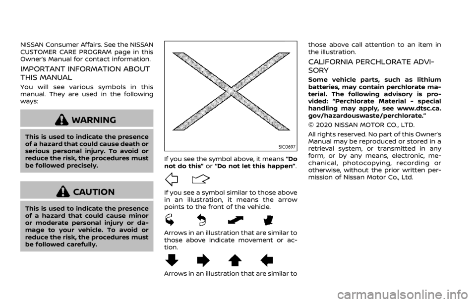 NISSAN QASHQAI 2021  Owners Manual NISSAN Consumer Affairs. See the NISSAN
CUSTOMER CARE PROGRAM page in this
Owner’s Manual for contact information.
IMPORTANT INFORMATION ABOUT
THIS MANUAL
You will see various symbols in this
manual