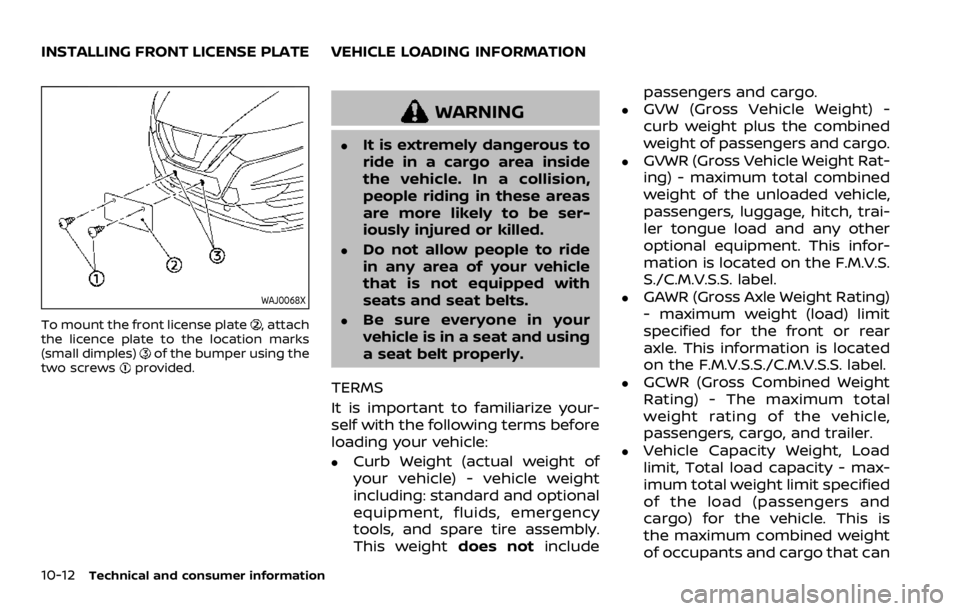 NISSAN QASHQAI 2021  Owners Manual WAJ0068X
To mount the front license plate 
