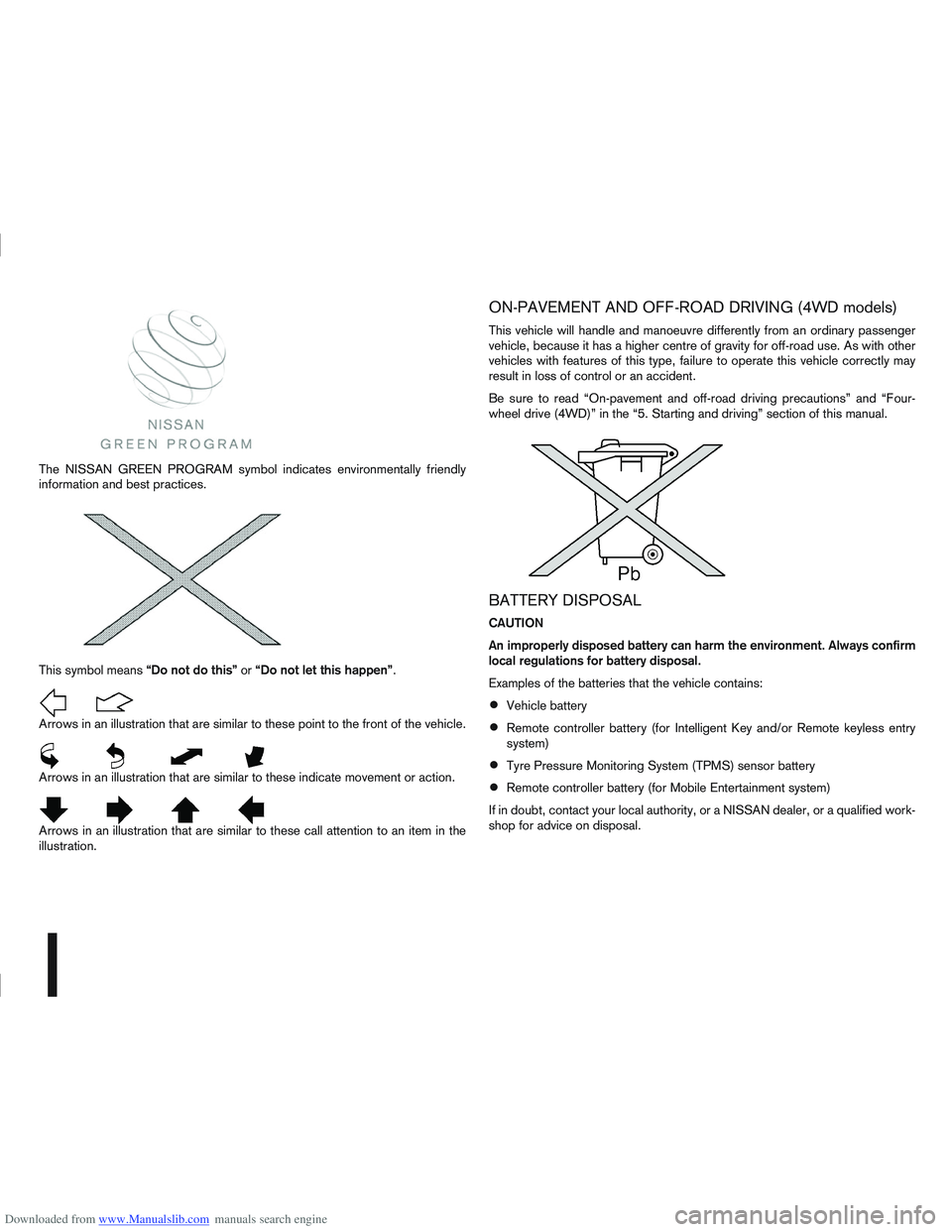 NISSAN QASHQAI 2013  Owners Manual Downloaded from www.Manualslib.com manuals search engine The NISSAN GREEN PROGRAM symbol indicates environmentally friendly
information and best practices.
This symbol means“Do not do this”or“Do