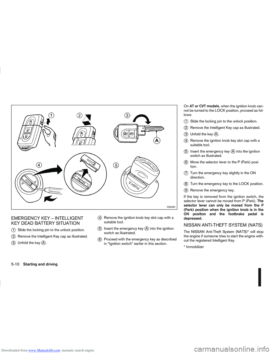 NISSAN QASHQAI 2013  Owners Manual Downloaded from www.Manualslib.com manuals search engine EMERGENCY KEY – INTELLIGENT
KEY DEAD BATTERY SITUATION
j
1Slide the locking pin to the unlock position.
j2Remove the Intelligent Key cap as i