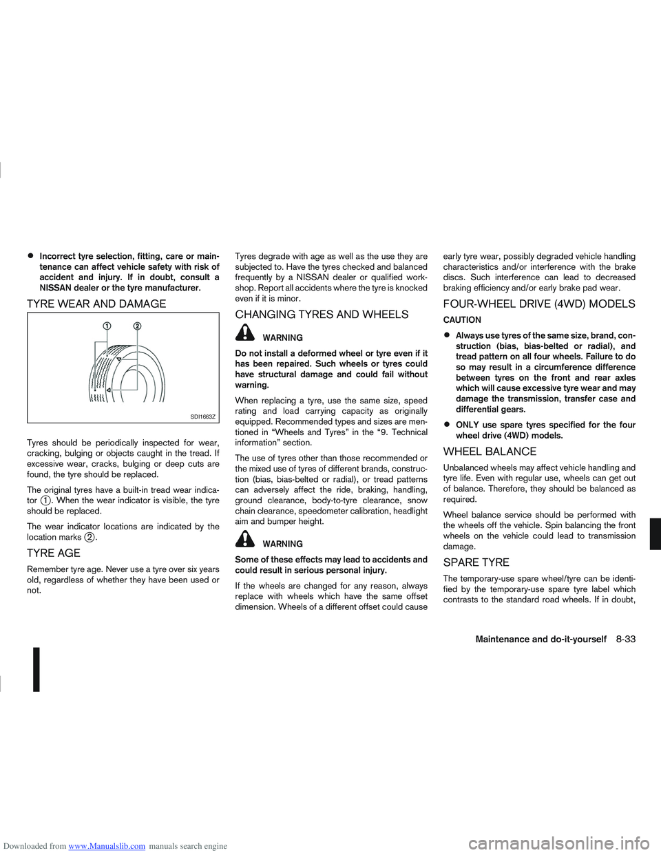 NISSAN QASHQAI 2013  Owners Manual Downloaded from www.Manualslib.com manuals search engine Incorrect tyre selection, fitting, care or main-
tenance can affect vehicle safety with risk of
accident and injury. If in doubt, consult a
NIS