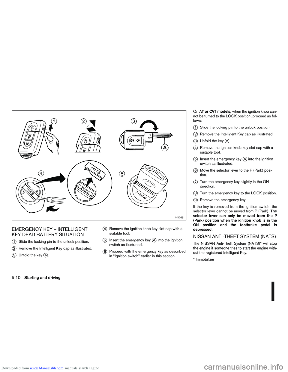 NISSAN QASHQAI 2012 Owners Manual Downloaded from www.Manualslib.com manuals search engine EMERGENCY KEY – INTELLIGENT
KEY DEAD BATTERY SITUATION
j
1Slide the locking pin to the unlock position.
j2Remove the Intelligent Key cap as i NISSAN QASHQAI 2012 Owners Manual Downloaded from www.Manualslib.com manuals search engine EMERGENCY KEY – INTELLIGENT
KEY DEAD BATTERY SITUATION
j
1Slide the locking pin to the unlock position.
j2Remove the Intelligent Key cap as i