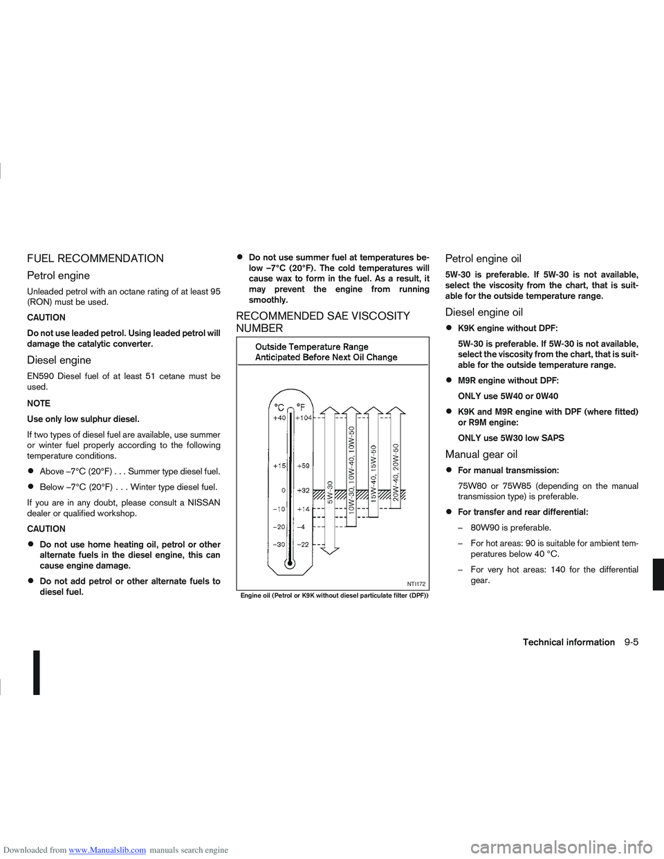 NISSAN QASHQAI 2012  Owners Manual Downloaded from www.Manualslib.com manuals search engine FUEL RECOMMENDATION
Petrol engine
Unleaded petrol with an octane rating of at least 95
(RON) must be used.
CAUTION
Do not use leaded petrol. Us