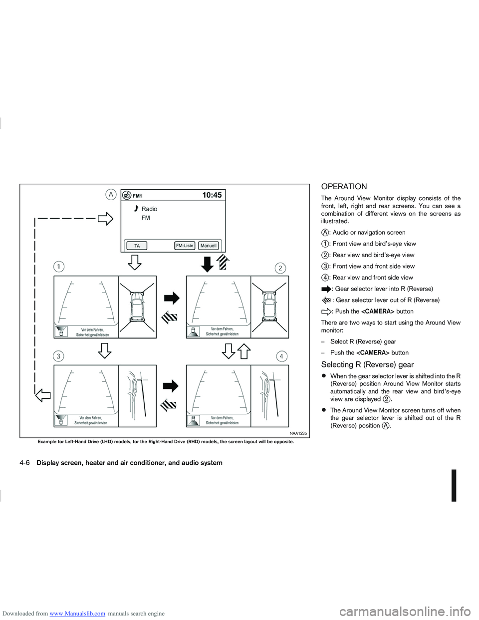 NISSAN QASHQAI 2011  Owners Manual Downloaded from www.Manualslib.com manuals search engine OPERATION
The Around View Monitor display consists of the
front, left, right and rear screens. You can see a
combination of different views on 