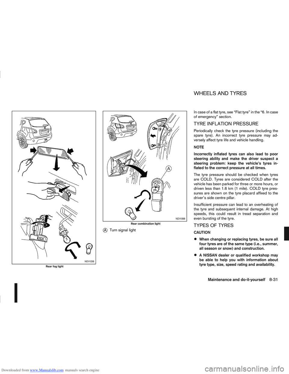 NISSAN QASHQAI 2011 Owners Manual Downloaded from www.Manualslib.com manuals search engine jATurn signal light In case of a flat tyre, see “Flat tyre” in the “6. In case
of emergency” section.
TYRE INFLATION PRESSURE
Periodica NISSAN QASHQAI 2011 Owners Manual Downloaded from www.Manualslib.com manuals search engine jATurn signal light In case of a flat tyre, see “Flat tyre” in the “6. In case
of emergency” section.
TYRE INFLATION PRESSURE
Periodica