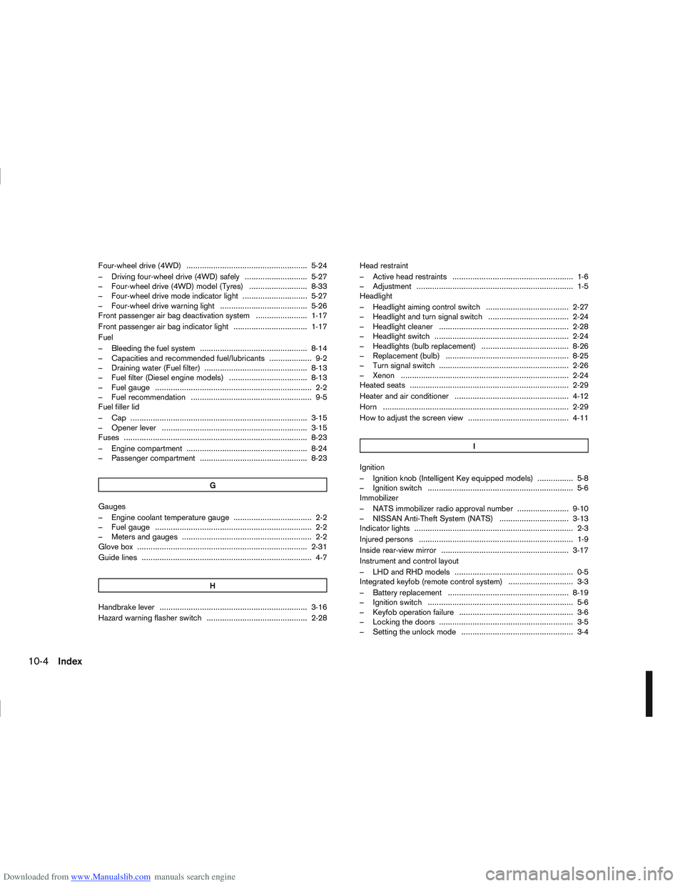 NISSAN QASHQAI 2011 Owners Manual Downloaded from www.Manualslib.com manuals search engine Four-wheel drive (4WD) ...................................................... 5-24
– Driving four-wheel drive (4WD) safely .................. NISSAN QASHQAI 2011 Owners Manual Downloaded from www.Manualslib.com manuals search engine Four-wheel drive (4WD) ...................................................... 5-24
– Driving four-wheel drive (4WD) safely ..................