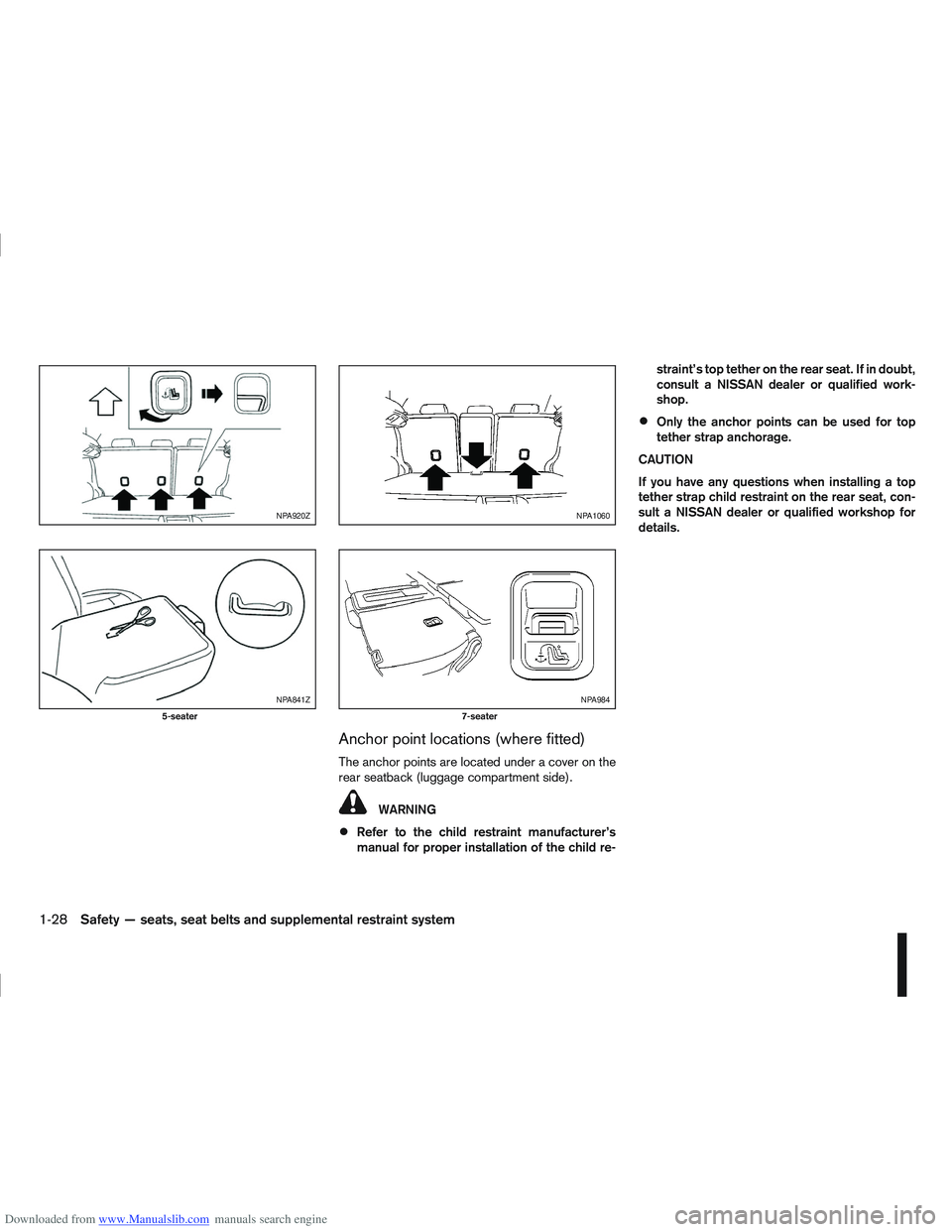 NISSAN QASHQAI 2011 Service Manual Downloaded from www.Manualslib.com manuals search engine Anchor point locations (where fitted)
The anchor points are located under a cover on the
rear seatback (luggage compartment side).
WARNING
Refe NISSAN QASHQAI 2011 Service Manual Downloaded from www.Manualslib.com manuals search engine Anchor point locations (where fitted)
The anchor points are located under a cover on the
rear seatback (luggage compartment side).
WARNING
Refe