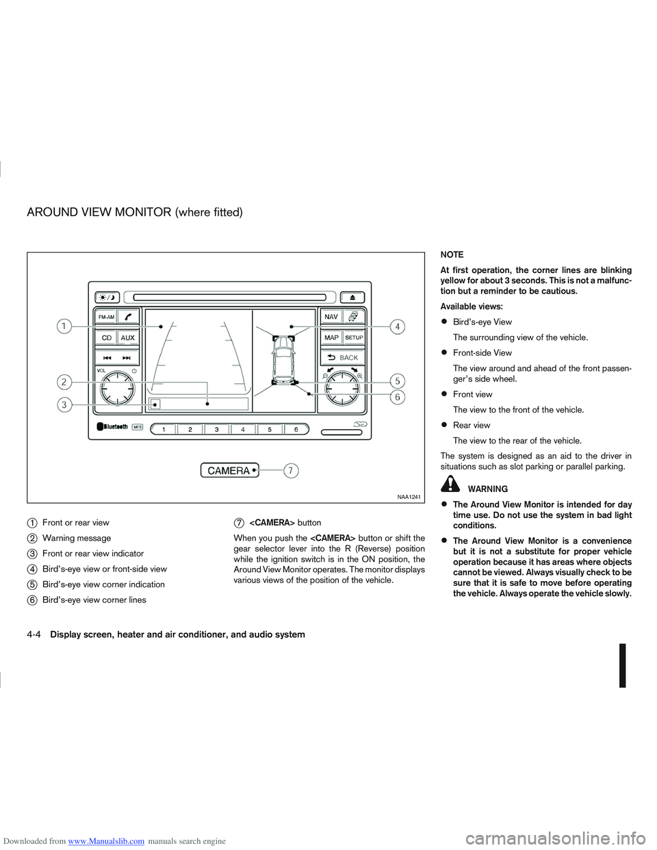 NISSAN QASHQAI 2010 Owners Manual Downloaded from www.Manualslib.com manuals search engine j1Front or rear view
j2Warning message
j3Front or rear view indicator
j4Bird’s-eye view or front-side view
j5Bird’s-eye view corner indicat NISSAN QASHQAI 2010 Owners Manual Downloaded from www.Manualslib.com manuals search engine j1Front or rear view
j2Warning message
j3Front or rear view indicator
j4Bird’s-eye view or front-side view
j5Bird’s-eye view corner indicat