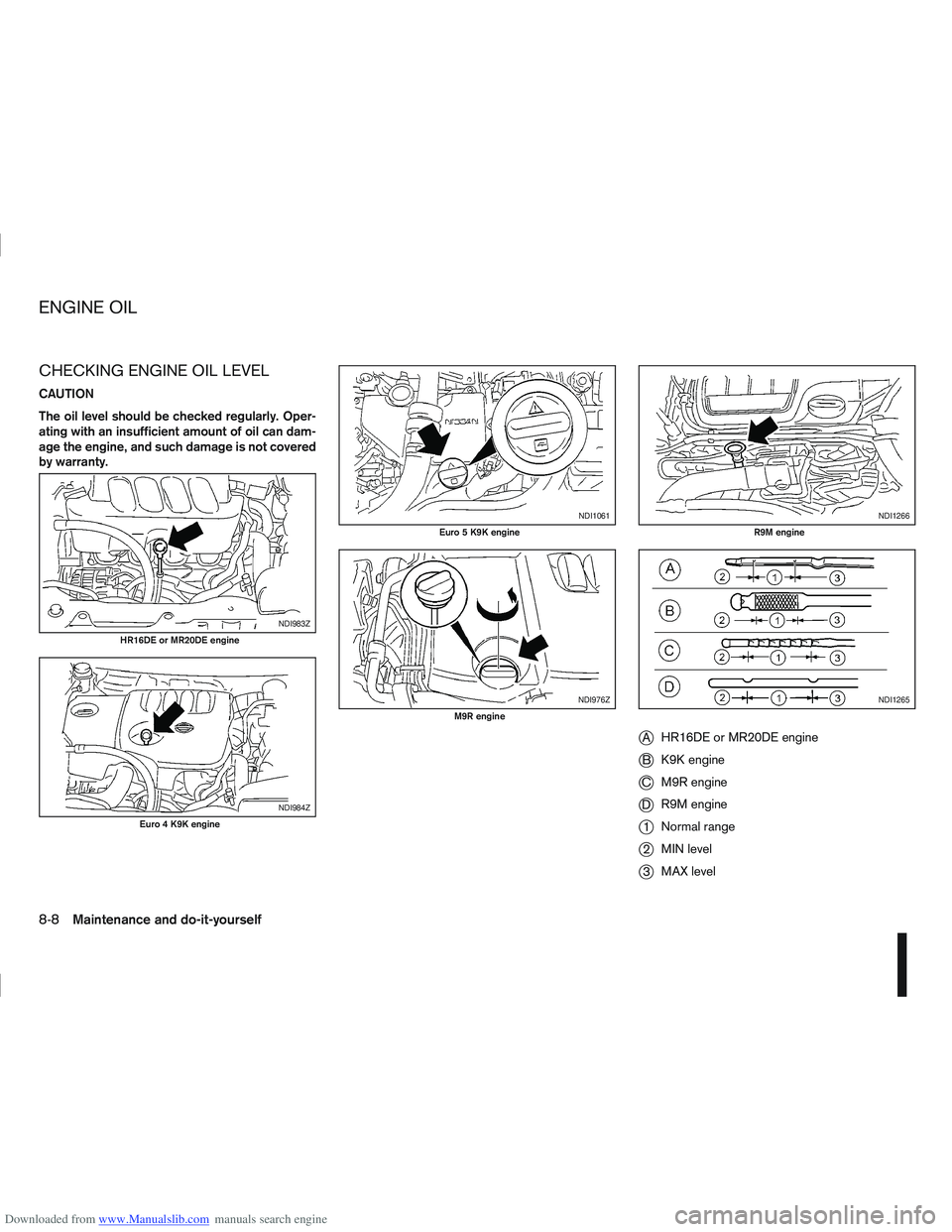 NISSAN QASHQAI 2010 Owners Manual Downloaded from www.Manualslib.com manuals search engine CHECKING ENGINE OIL LEVEL
CAUTION
The oil level should be checked regularly. Oper-
ating with an insufficient amount of oil can dam-
age the en NISSAN QASHQAI 2010 Owners Manual Downloaded from www.Manualslib.com manuals search engine CHECKING ENGINE OIL LEVEL
CAUTION
The oil level should be checked regularly. Oper-
ating with an insufficient amount of oil can dam-
age the en
