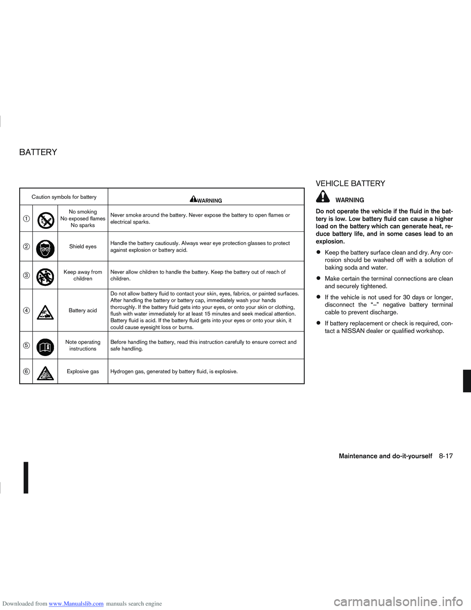 NISSAN QASHQAI 2010 Owners Manual Downloaded from www.Manualslib.com manuals search engine VEHICLE BATTERY
WARNING
Do not operate the vehicle if the fluid in the bat-
tery is low. Low battery fluid can cause a higher
load on the batte NISSAN QASHQAI 2010 Owners Manual Downloaded from www.Manualslib.com manuals search engine VEHICLE BATTERY
WARNING
Do not operate the vehicle if the fluid in the bat-
tery is low. Low battery fluid can cause a higher
load on the batte