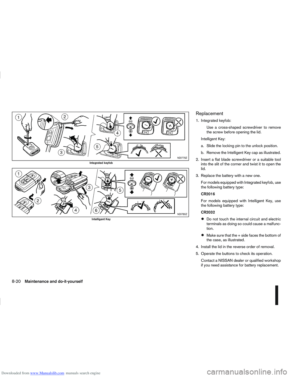 NISSAN QASHQAI 2010 Owners Manual Downloaded from www.Manualslib.com manuals search engine Replacement
1. Integrated keyfob:Use a cross-shaped screwdriver to remove
the screw before opening the lid.
Intelligent Key:
a. Slide the locki NISSAN QASHQAI 2010 Owners Manual Downloaded from www.Manualslib.com manuals search engine Replacement
1. Integrated keyfob:Use a cross-shaped screwdriver to remove
the screw before opening the lid.
Intelligent Key:
a. Slide the locki