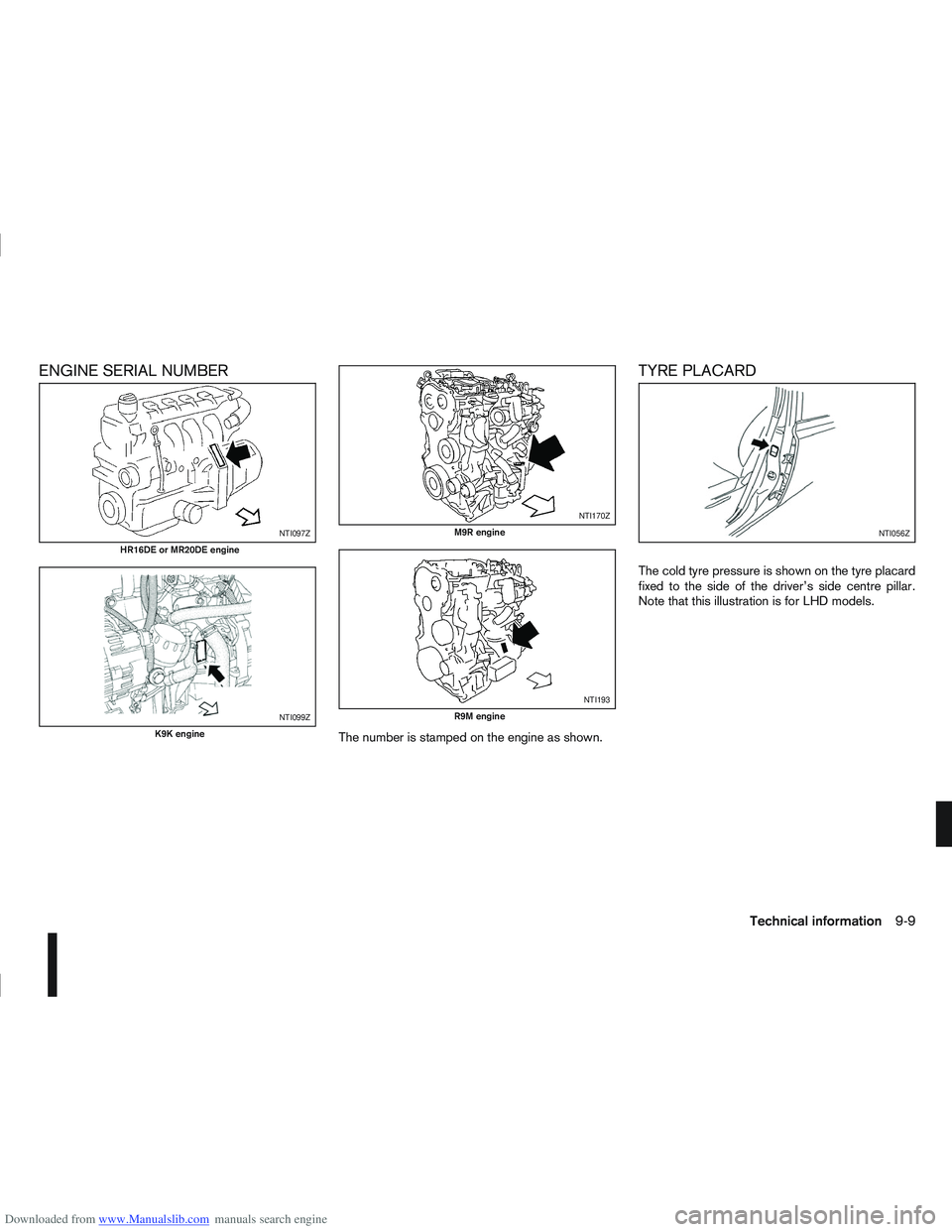 NISSAN QASHQAI 2010  Owners Manual Downloaded from www.Manualslib.com manuals search engine ENGINE SERIAL NUMBER
The number is stamped on the engine as shown.
TYRE PLACARD
The cold tyre pressure is shown on the tyre placard
fixed to th