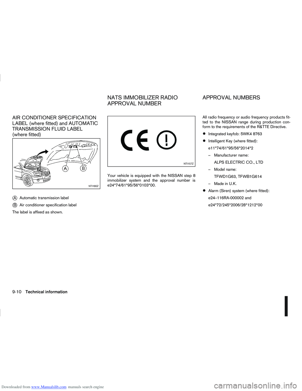NISSAN QASHQAI 2010  Owners Manual Downloaded from www.Manualslib.com manuals search engine AIR CONDITIONER SPECIFICATION
LABEL (where fitted) and AUTOMATIC
TRANSMISSION FLUID LABEL
(where fitted)
j
AAutomatic transmission label
jB Air