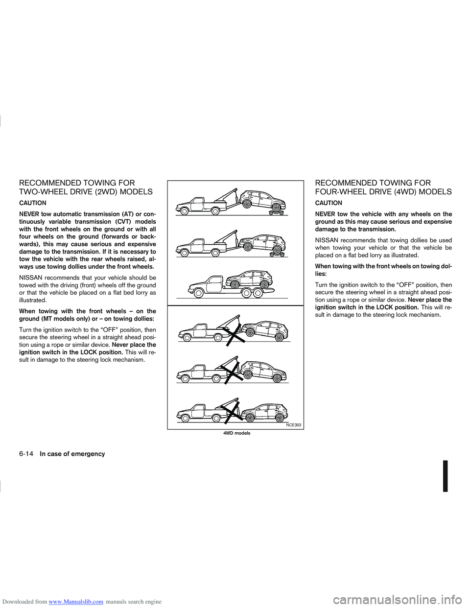 NISSAN QASHQAI 2008  Owners Manual Downloaded from www.Manualslib.com manuals search engine RECOMMENDED TOWING FOR
TWO-WHEEL DRIVE (2WD) MODELS
CAUTION
NEVER tow automatic transmission (AT) or con-
tinuously variable transmission (CVT)
