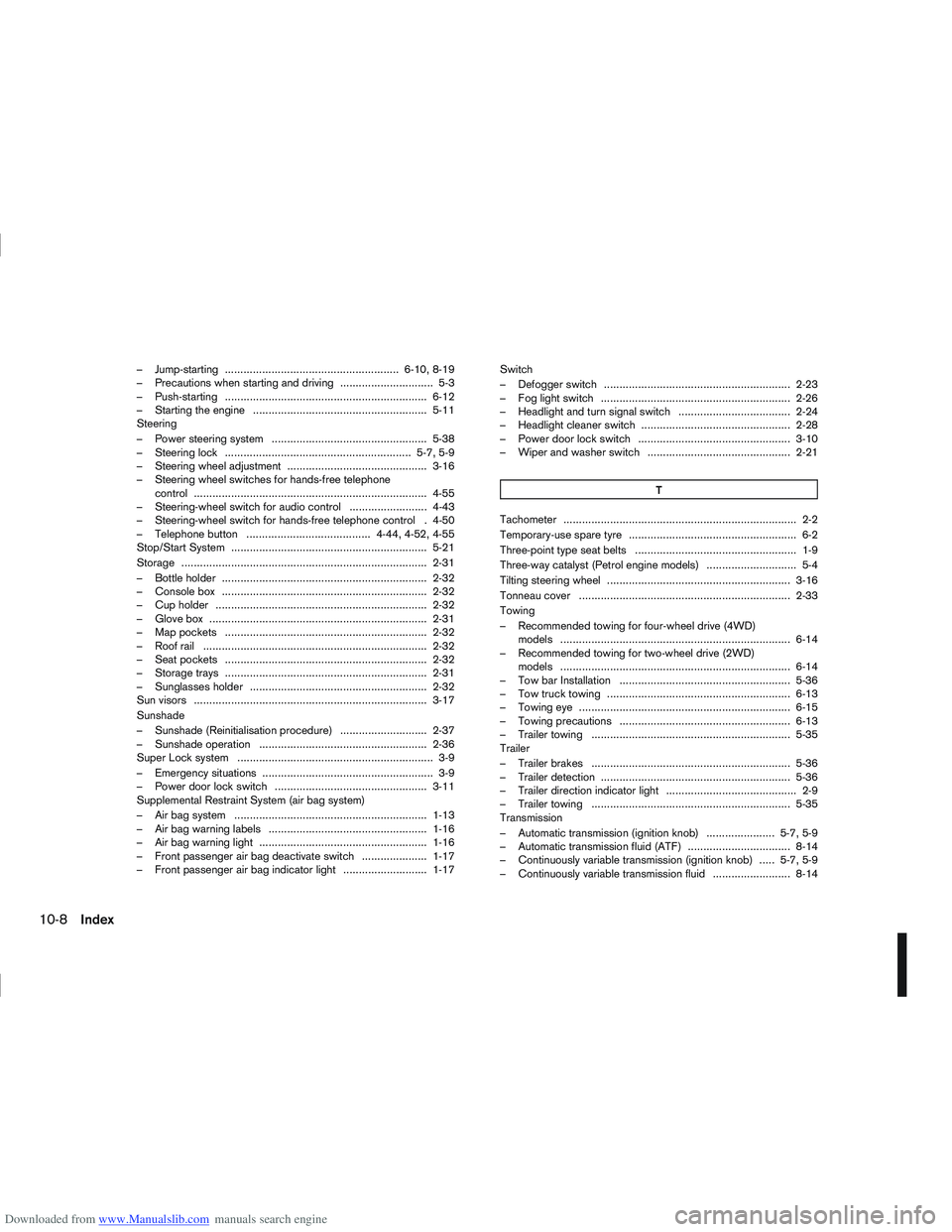 NISSAN QASHQAI 2008  Owners Manual Downloaded from www.Manualslib.com manuals search engine – Jump-starting ........................................................ 6-10, 8-19
– Precautions when starting and driving ...............