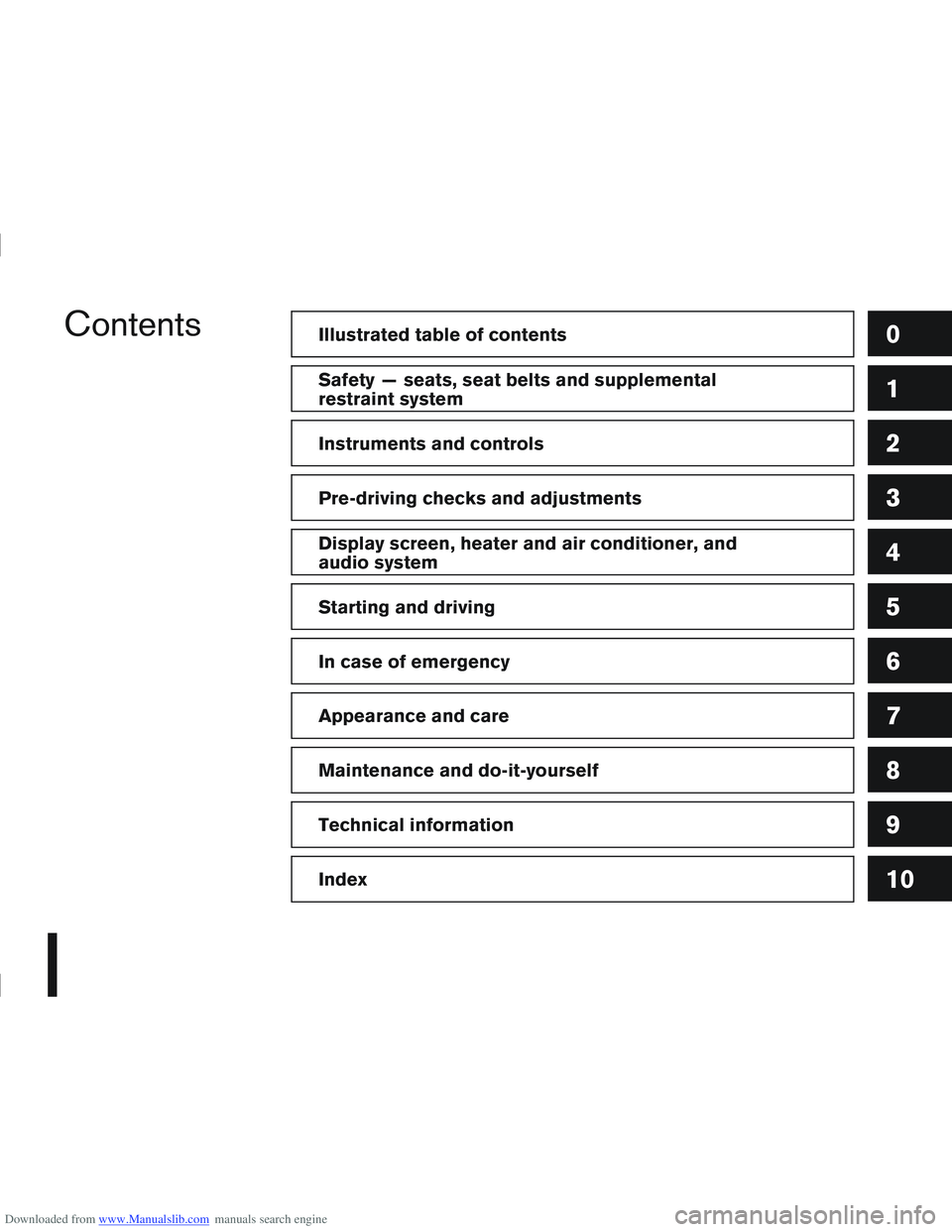 NISSAN QASHQAI 2007 Owners Manual Downloaded from www.Manualslib.com manuals search engine ContentsIllustrated table of contents0
Safety — seats, seat belts and supplemental
restraint system1
Instruments and controls2
Pre-driving ch NISSAN QASHQAI 2007 Owners Manual Downloaded from www.Manualslib.com manuals search engine ContentsIllustrated table of contents0
Safety — seats, seat belts and supplemental
restraint system1
Instruments and controls2
Pre-driving ch