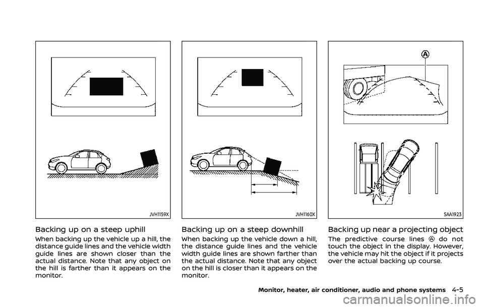 NISSAN ROGUE 2023  Owners Manual JVH1159X
Backing up on a steep uphill
When backing up the vehicle up a hill, the
distance guide lines and the vehicle width
guide lines are shown closer than the
actual distance. Note that any object 