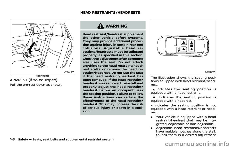 NISSAN ROGUE 2023 Owners Manual 1-8Safety — Seats, seat belts and supplemental restraint system
JVR0327X
Rear seats
ARMREST (if so equipped)
Pull the armrest down as shown.
WARNING
Head restraint/headrest supplement
the other vehi