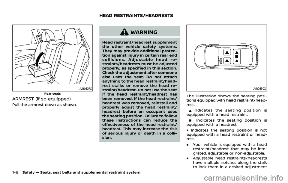 NISSAN ROGUE 2023 Owners Manual 1-8Safety — Seats, seat belts and supplemental restraint system
JVR0327X
Rear seats
ARMREST (if so equipped)
Pull the armrest down as shown.
WARNING
Head restraint/headrest supplement
the other vehi NISSAN ROGUE 2023 Owners Manual 1-8Safety — Seats, seat belts and supplemental restraint system
JVR0327X
Rear seats
ARMREST (if so equipped)
Pull the armrest down as shown.
WARNING
Head restraint/headrest supplement
the other vehi