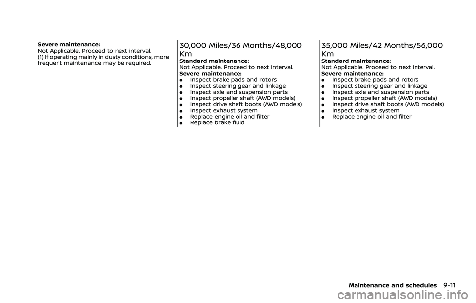 NISSAN ROGUE 2023  Owners Manual Severe maintenance:
Not Applicable. Proceed to next interval.
(1) If operating mainly in dusty conditions, more
frequent maintenance may be required.30,000 Miles/36 Months/48,000
Km
Standard maintenan