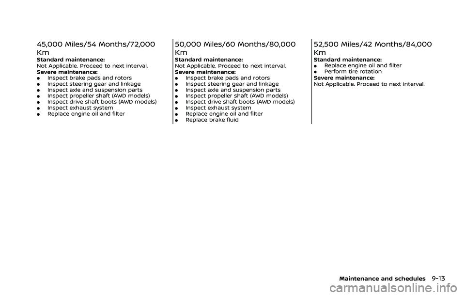 NISSAN ROGUE 2023  Owners Manual 45,000 Miles/54 Months/72,000
Km
Standard maintenance:
Not Applicable. Proceed to next interval.
Severe maintenance:
.Inspect brake pads and rotors.Inspect steering gear and linkage.Inspect axle and s