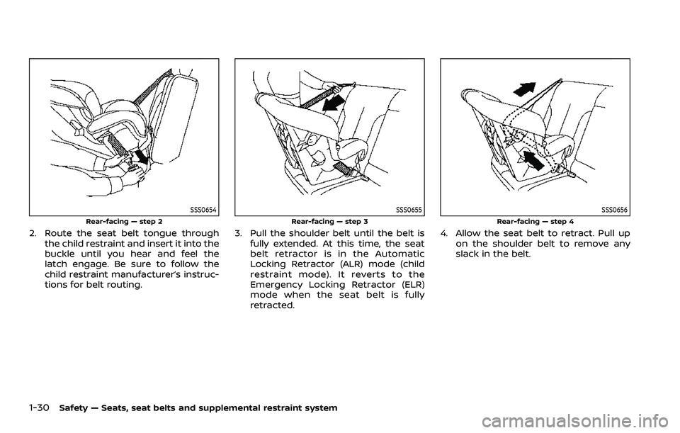 NISSAN ROGUE 2023 Service Manual 1-30Safety — Seats, seat belts and supplemental restraint system
SSS0654
Rear-facing — step 2
2. Route the seat belt tongue throughthe child restraint and insert it into the
buckle until you hear 