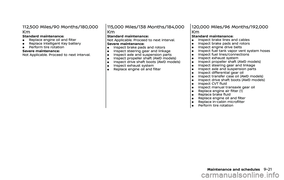 NISSAN ROGUE 2023 Service Manual 112,500 Miles/90 Months/180,000
Km
Standard maintenance:.Replace engine oil and filter.Replace Intelligent Key battery.Perform tire rotation
Severe maintenance:
Not Applicable. Proceed to next interva