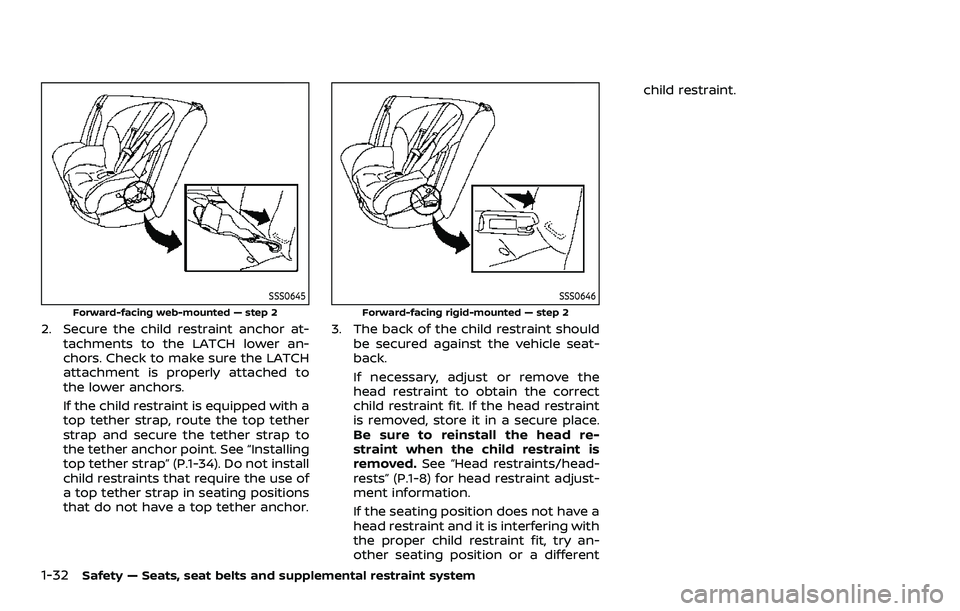 NISSAN ROGUE 2023 Service Manual 1-32Safety — Seats, seat belts and supplemental restraint system
SSS0645
Forward-facing web-mounted — step 2
2. Secure the child restraint anchor at-tachments to the LATCH lower an-
chors. Check t