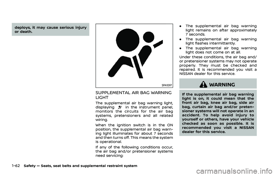 NISSAN ROGUE 2023  Owners Manual 1-62Safety — Seats, seat belts and supplemental restraint system
deploys, it may cause serious injury
or death.
SPA1097
SUPPLEMENTAL AIR BAG WARNING
LIGHT
The supplemental air bag warning light,
dis