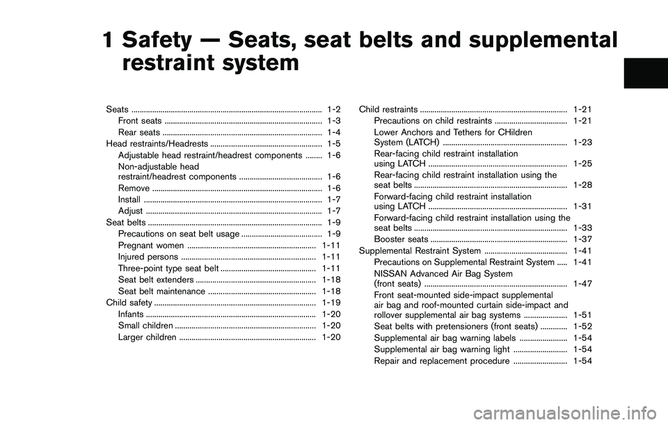 NISSAN ROGUE SELECT 2015 User Guide 1 Safety — Seats, seat belts and supplementalrestraint system
Seats ........................................................................\
.................... 1-2
Front seats ...................