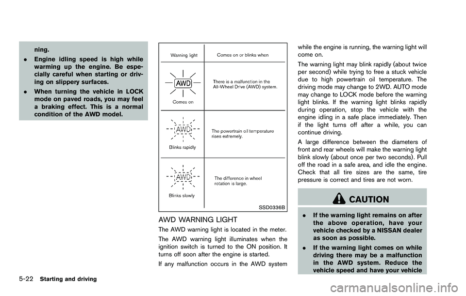 NISSAN ROGUE SELECT 2015 User Guide 5-22Starting and driving
ning.
. Engine idling speed is high while
warming up the engine. Be espe-
cially careful when starting or driv-
ing on slippery surfaces.
. When turning the vehicle in LOCK
mo NISSAN ROGUE SELECT 2015 User Guide 5-22Starting and driving
ning.
. Engine idling speed is high while
warming up the engine. Be espe-
cially careful when starting or driv-
ing on slippery surfaces.
. When turning the vehicle in LOCK
mo