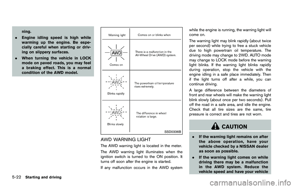 NISSAN ROGUE SELECT 2015  Owners Manual 5-22Starting and driving
ning.
. Engine idling speed is high while
warming up the engine. Be espe-
cially careful when starting or driv-
ing on slippery surfaces.
. When turning the vehicle in LOCK
mo