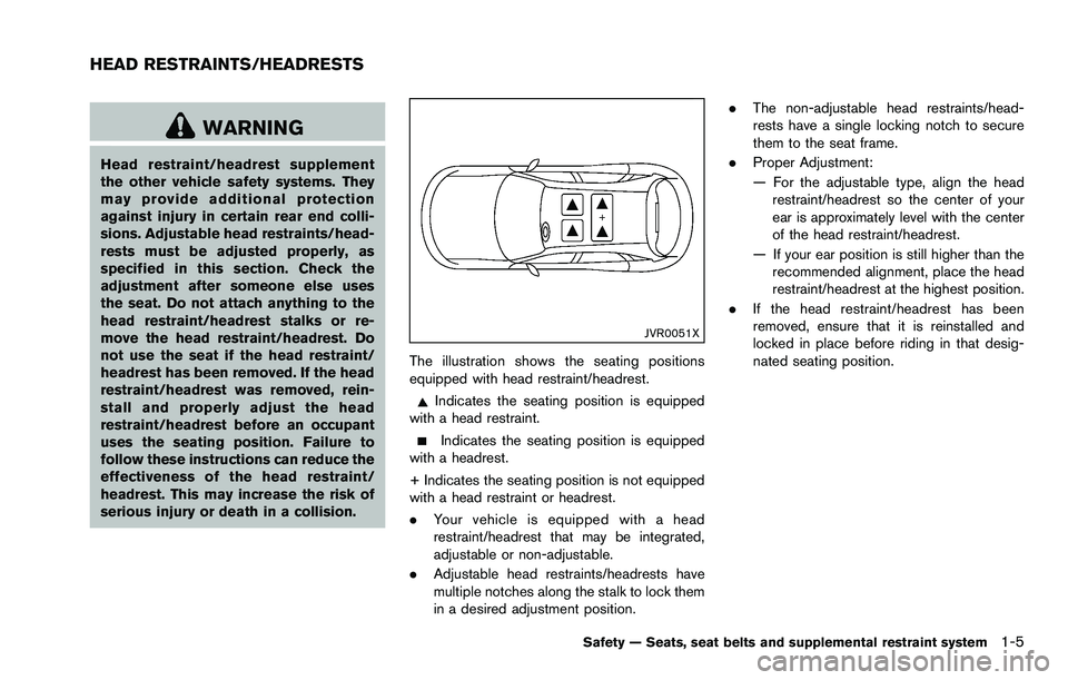 NISSAN ROGUE SELECT 2015 Owners Manual WARNING
Head restraint/headrest supplement
the other vehicle safety systems. They
may provide additional protection
against injury in certain rear end colli-
sions. Adjustable head restraints/head-
re NISSAN ROGUE SELECT 2015 Owners Manual WARNING
Head restraint/headrest supplement
the other vehicle safety systems. They
may provide additional protection
against injury in certain rear end colli-
sions. Adjustable head restraints/head-
re