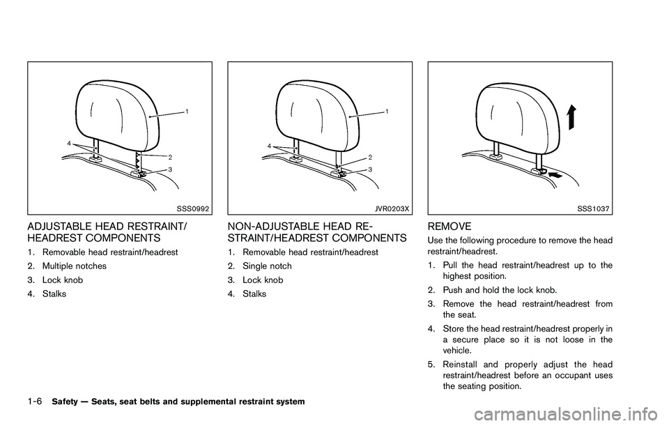 NISSAN ROGUE SELECT 2015 Owners Manual 1-6Safety — Seats, seat belts and supplemental restraint system
SSS0992
ADJUSTABLE HEAD RESTRAINT/
HEADREST COMPONENTS
1. Removable head restraint/headrest
2. Multiple notches
3. Lock knob
4. Stalks NISSAN ROGUE SELECT 2015 Owners Manual 1-6Safety — Seats, seat belts and supplemental restraint system
SSS0992
ADJUSTABLE HEAD RESTRAINT/
HEADREST COMPONENTS
1. Removable head restraint/headrest
2. Multiple notches
3. Lock knob
4. Stalks