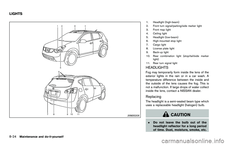 NISSAN ROGUE SELECT 2015 Owners Manual 8-24Maintenance and do-it-yourself
JVM0520X
1. Headlight (high-beam)
2. Front turn signal/parking/side marker light
3. Front map light
4. Ceiling light
5. Headlight (low-beam)
6. High-mounted stop lig NISSAN ROGUE SELECT 2015 Owners Manual 8-24Maintenance and do-it-yourself
JVM0520X
1. Headlight (high-beam)
2. Front turn signal/parking/side marker light
3. Front map light
4. Ceiling light
5. Headlight (low-beam)
6. High-mounted stop lig