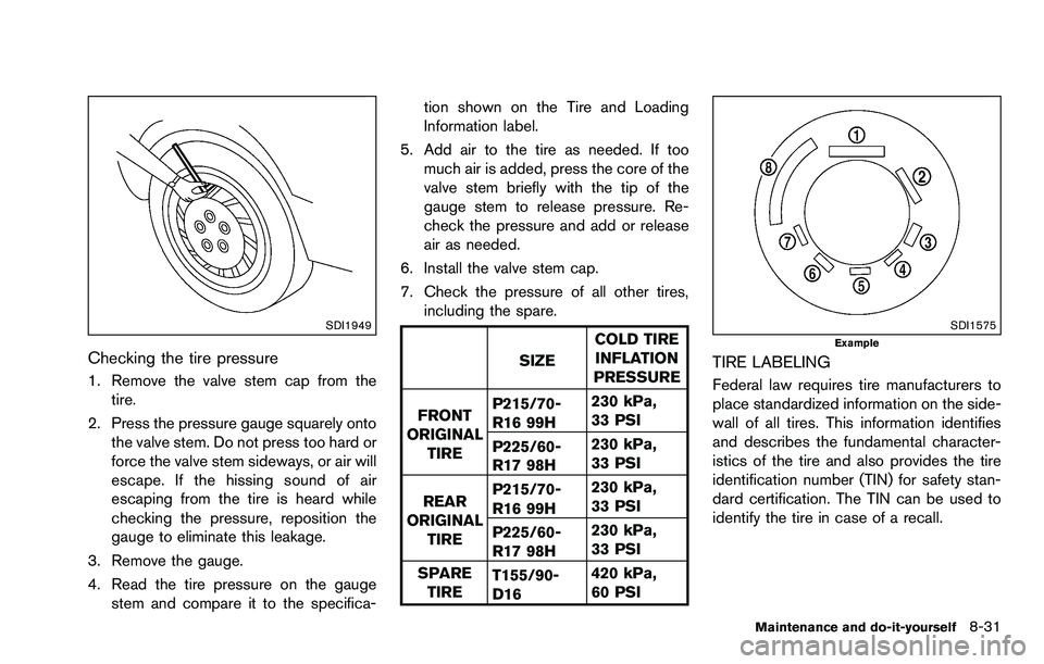 NISSAN ROGUE SELECT 2015 Owners Manual SDI1949
Checking the tire pressure
1. Remove the valve stem cap from thetire.
2. Press the pressure gauge squarely onto the valve stem. Do not press too hard or
force the valve stem sideways, or air w NISSAN ROGUE SELECT 2015 Owners Manual SDI1949
Checking the tire pressure
1. Remove the valve stem cap from thetire.
2. Press the pressure gauge squarely onto the valve stem. Do not press too hard or
force the valve stem sideways, or air w