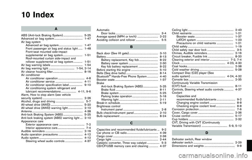 NISSAN ROGUE SELECT 2015 Owners Manual 10 Index
A
ABS (Anti-lock Braking System) ............................ 5-25
Advanced air bag system ......................................... 1-47
Air bag systemAdvanced air bag system ............... NISSAN ROGUE SELECT 2015 Owners Manual 10 Index
A
ABS (Anti-lock Braking System) ............................ 5-25
Advanced air bag system ......................................... 1-47
Air bag systemAdvanced air bag system ...............